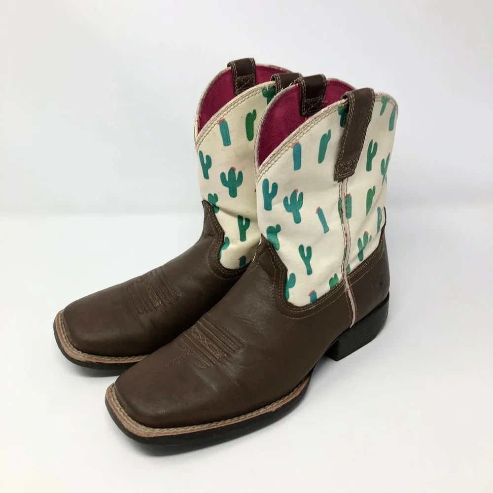 Ariat Youth Girls Size 3 Cactus Print Brown Leather Round Toe Western Boots